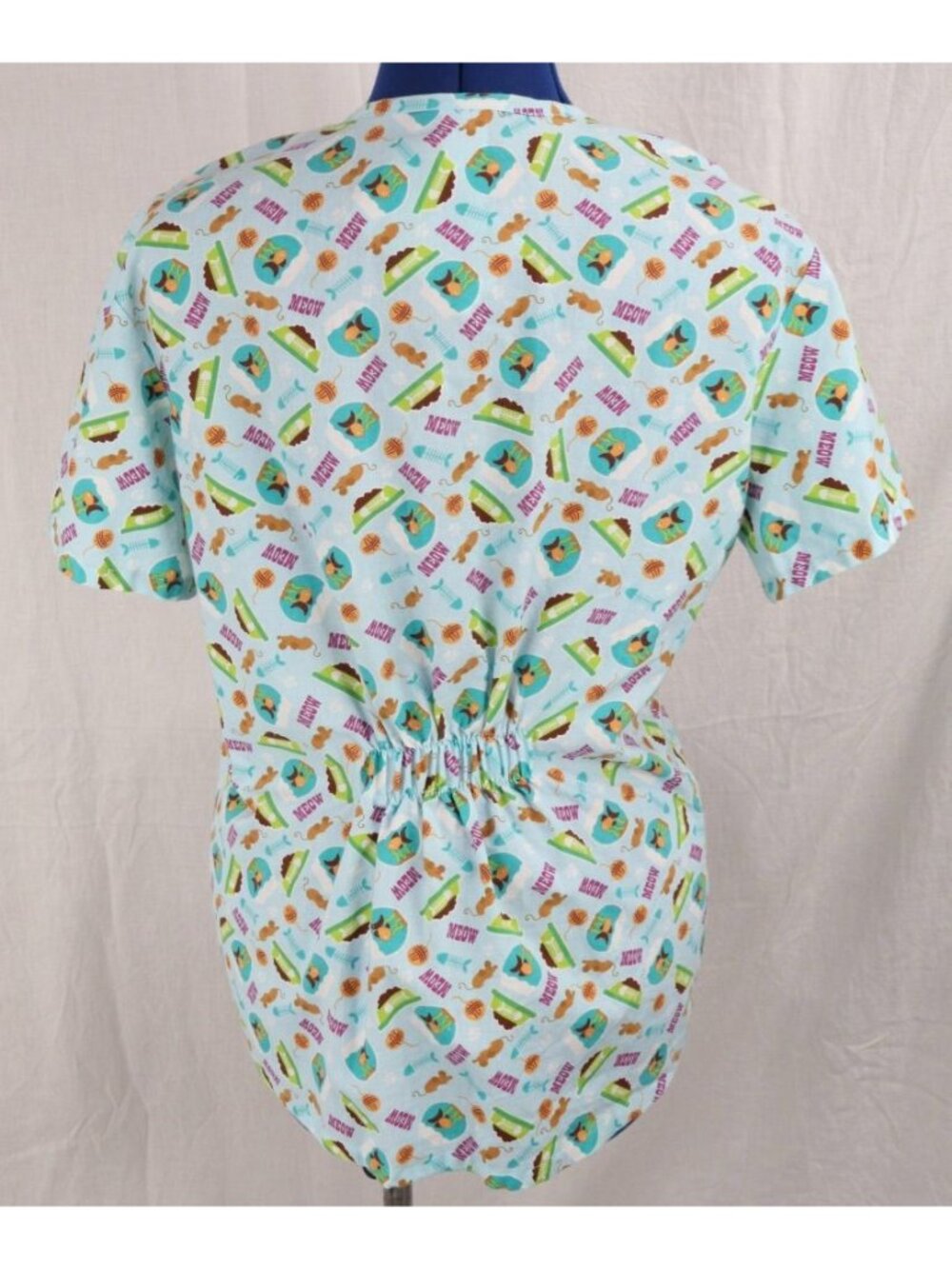 Y2K Scrub Top Womens M Blue Cat Whimsical Meow Novelty Cartoon Medical Vet VTG - Picture 2 of 9